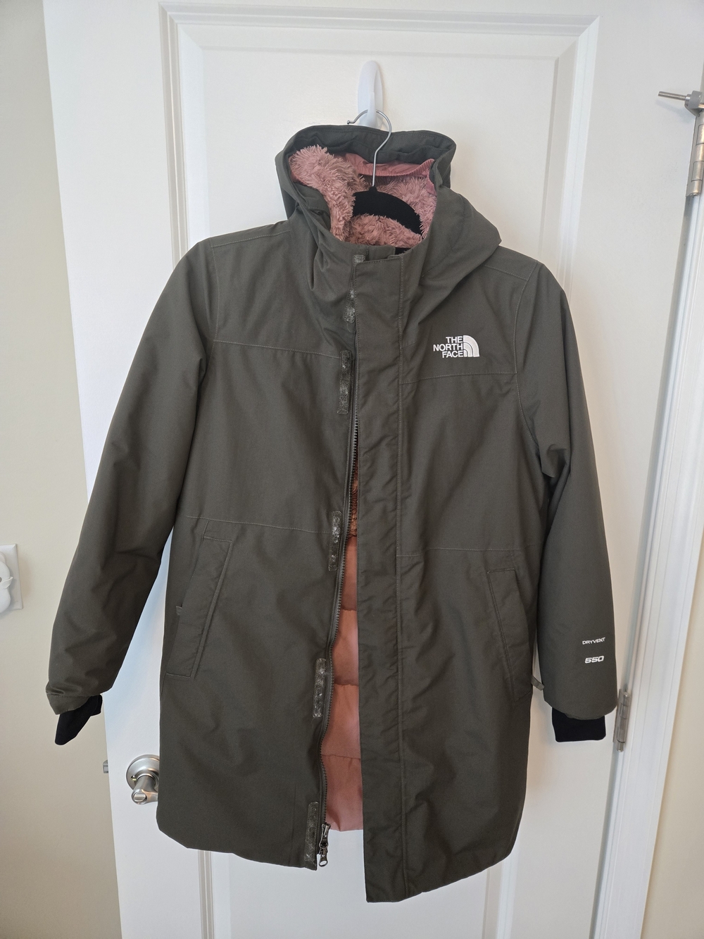 The North Face Girls Large Artic Swirl Parka, Olive Green / Pink